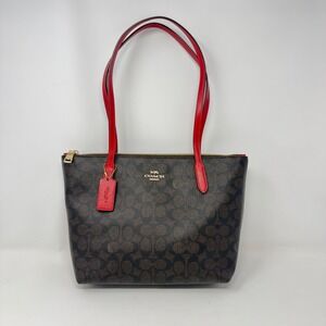Coach Zip Top Tote Signature Canvas Brown Red CX611 Shoulder Bag
